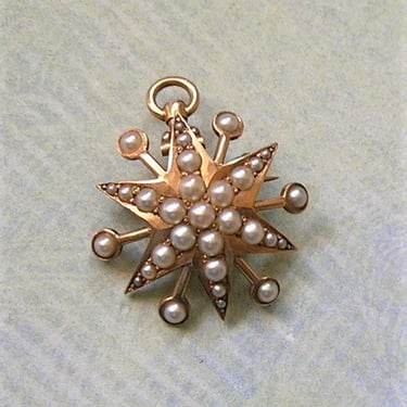 Antique 14K Gold And Half Pearl Starburst Brooch Pin, Old Seed Pearl Starburst Pin Brooch, 14k Gold Watch Pin, Wedding Jewelry (#4134) 
