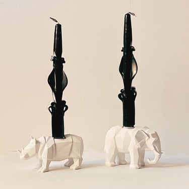 Modern Matte White Resin Origami Elephant + Rhinoceros Pair of Candlestick Holders 