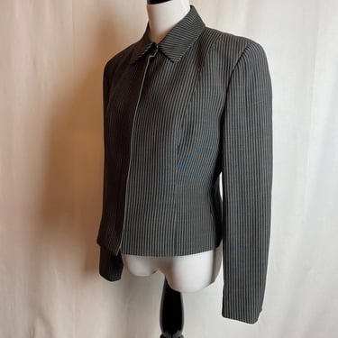 Vintage women’s Armani jacket 1990’s pinstriped dark green zipper front fitted tailored collared lightweight rayon gaberdine size LG 
