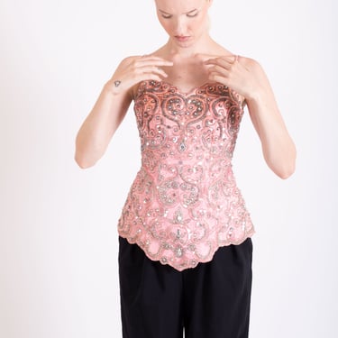 Vintage Claire Paris 1990s Baby Pink Sequin + Beaded Jeweled Bustier Top Tank Corset sz XS S Jeweled Evening 
