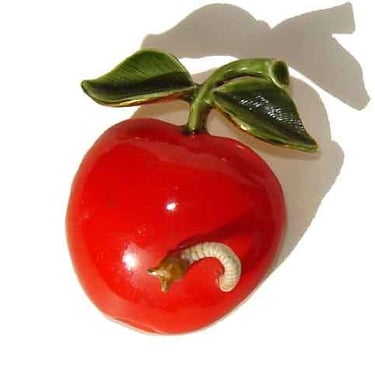 Vintage Red Apple & Worm Brooch Enamel Novelty Pin - Original by Robert 