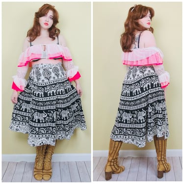 1980s Vintage Black and White Cotton Wrap Skirt / 80s Boho Elephant / Floral Print Circle Skirt / One Size 