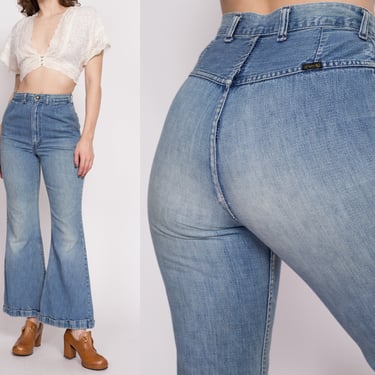 60s 70s Wrangler Denim Saddleback Bell Bottoms - Extra Small, 25" | Vintage High Waisted Western Flared Leg Hip Hugger Jeans 