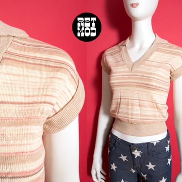 NWOT Sweet Vintage 70s Beige & Light Pink Space Dye Stripe Knit Collared Top by College Town 