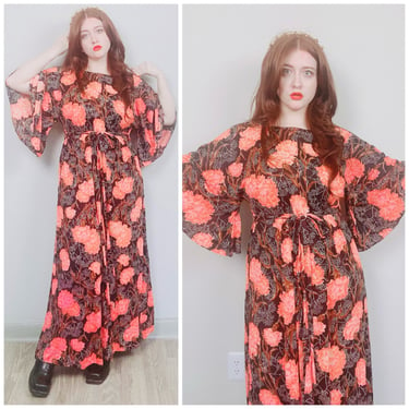 1970s Vintage Black and Orange Tropical Flower Maxi Dress / 70s / Seventies Nylon Bell Sleeve Knit Dress / One Size 