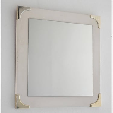 Scandinavian 1940s–50s Wall Mirror with White Frame and Brass Corners, Vintage Art Deco Accent 