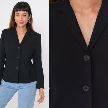 90s Black Blazer Jacket Button Up Coat Structured Tailored Professional Jacket Work Blazer Vintage Retro 1990s 4P Small Petite 4 