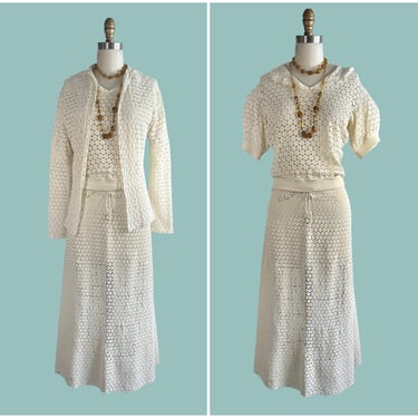 HOOKED ON CROCHET Vintage 30s Sweater Blouse and Skirt Set | 1930s Open Knit Handmade 3 Piece | Gatsby Picnic, Art Deco Era Dress | Medium 