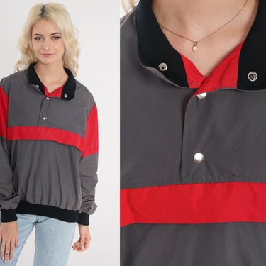 Pullover Windbreaker 80s Grey Red Striped Jacket Half Snap Up Retro Collared Skiwear Nylon Shell Sportswear Vintage 1980s Medium 