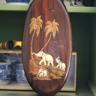 Vintage Wooden Wall Plaque with Ivory elephant inlay 