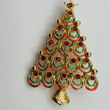 Vintage Red and Green Tone Christmas Tree Holiday Gold Brooch Pin by LeChalet