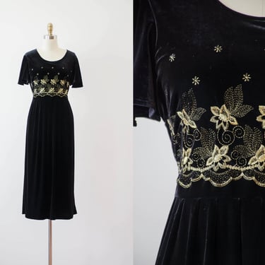 black velvet embroidered dress | 90s y2k vintage cottagecore romantic gold embroidered tie back corset midi dress 