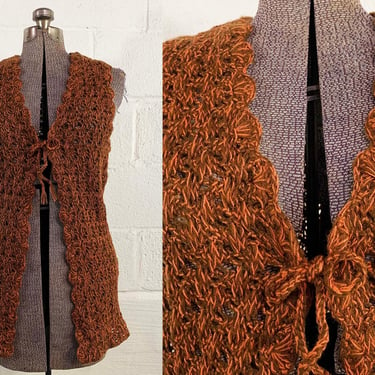 Vintage Brown Chunky Crochet Net Cardigan Helen Sue Sleeveless Sweater Orange 70s 1970s Mod Knit Open Tie Front Small Medium 