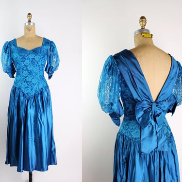 80s Blue Lace Party Dress / Vintage Blue Dress / 1980s / Prom Dress / 80s Puffy Sleeves / Size XS/S 