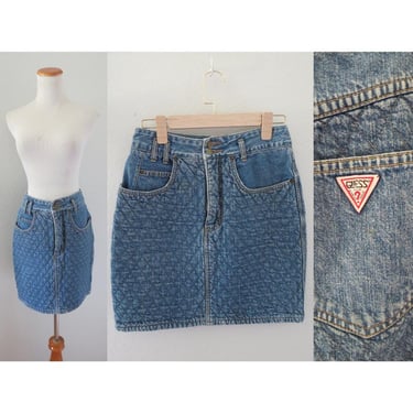 Vintage Guess Denim Skirt - Quilted Jean High Waisted Mini Skirt - 80s 1980s Mini - Georges Marciano - Made in USA - Size XS Small 