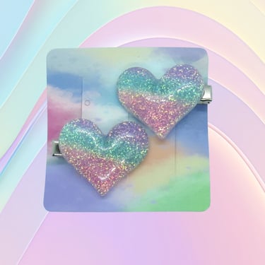 Pastel Rainbow Heart Hair Clip Ombre Glitter Hearts Barrette 