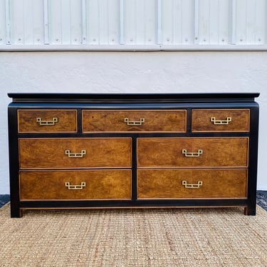 Vintage Chinoiserie Dresser by Century Chin Hua - 62" Long Black & Burl Wood 7 Drawer Hollywood Regency Credenza Oriental Asian Furniture 