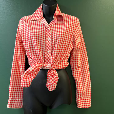 red gingham blouse 1960s rockabilly country gal button down medium 