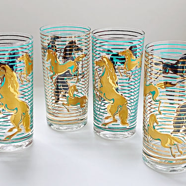 Mid Century Gay Fad aqua barware 4 Turquoise & gold highball bar glasses, MCM signed glassware w/ Horses and ponies, Ranch bar decor 