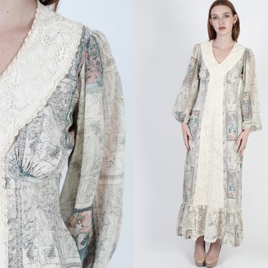 70s Parisian Art Nouveau Dress, Alphonse Mucha Style Print Dress,  Delicate All Over Floral Toile Print, Vintage 1970s Romantic Garden Maxi 