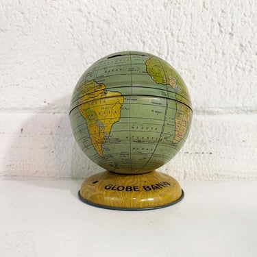 Vintage Globe Bank Mid Century J. Chein Tin Lithograph Metal World Map Baby Kids Room Decor Nursery Made in the USA 1950s Bookshelf Decor 