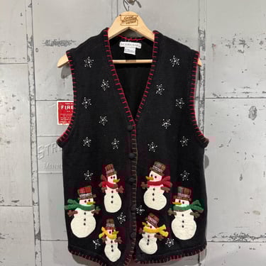 Vintage Christmas Quirky Sweater Vest  Patterns Holiday Knitwear picture knit Bells Ugly Snowmen 