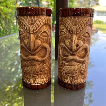 Rare One Pair of Vintage Warrior God Tiki Mug Rare Design Flaw Crossed Arms Otigiri Japan Peanut Texture by LeChalet