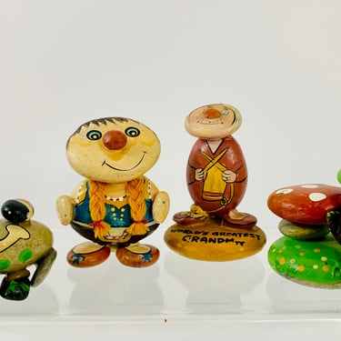 Vintage 1970s Retro Kitsch Painted Character Pet Novelty Rocks Enesco Taiwan LOT Mushroom Turtle Grandma Ladybug Girl - 4 pieces 