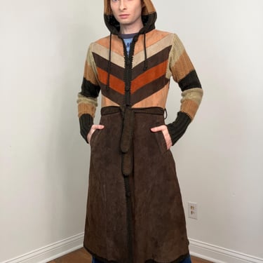 70s Patchwork suede and knit hooded cardigan jacket duster 