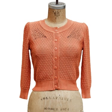 Embroidered Orange Knit Sweater Cardigan - Spiderweb Rockabilly Button Up Sweater 