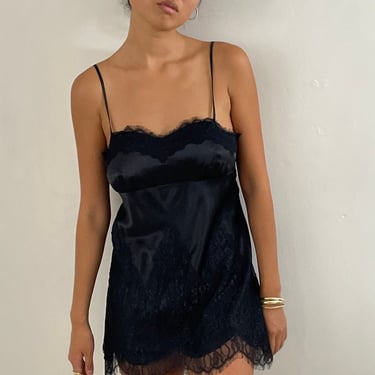 90s silk slip dress / vintage black liquid silk charmeuse + lace babydoll mini nightgown lounge slip dress | Medium 