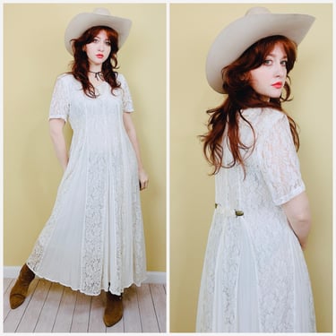 1990s Vintage Nostalgia White Lace Grunge Dress / 90s / Nineties Rayon Floral Buckle Maxi Dress / Size Small 