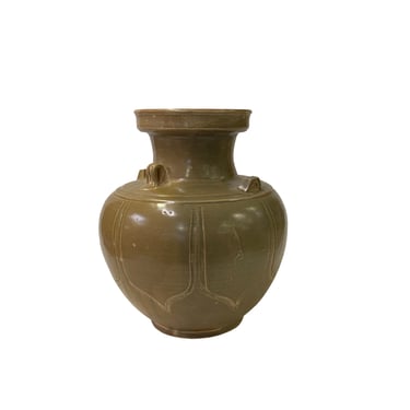 Vintage Chinese Handmade Ceramic Olive Green Tan Vase Jar ws3431E 
