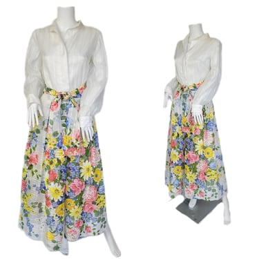 1970's Belted White Floral Print Long Shirtwaist Maxi Dress I Sz Lrg I Miss Magnin at I.Magnin 