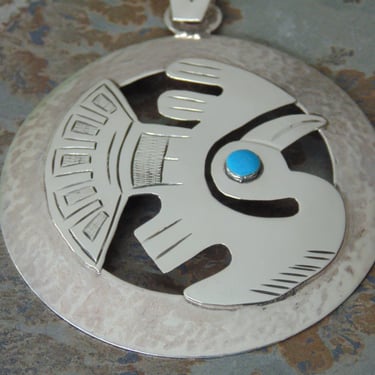 Large Peruvian Sterling Silver Round Pendant with Applied Pelican / Bird with Blue Eye 