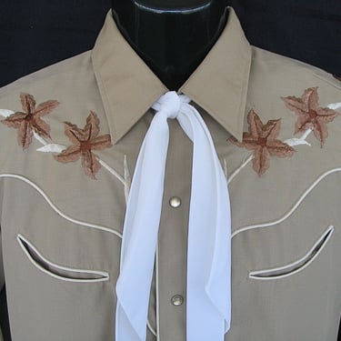 Tem Tex Vintage Western Men's Cowboy Shirt, Rodeo Shirt, Beige with Bold Embroidered Floral Designs, Approx. Medium (see meas. photo) 