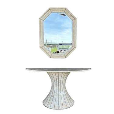 Post-Modern Travertine Vanity and Mirror Set Console Table Maitland Smith