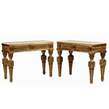 Italian Neoclassical Style Painted Gilt Wood Console Table Pair 