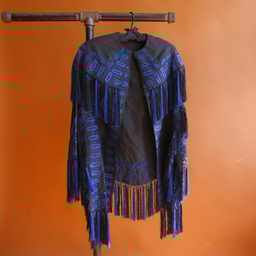 Antique Victorian Embroidered Mantle Cape with Fringe/ 1800s 1900s Black and Blue Mourning Shawl 