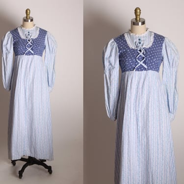 1970s Blue and White Floral Striped Prairie Cottagecore Flannel Long Sleeve Faux Lace Up Corset Style Dress with Matching Shawl Wrap -S 