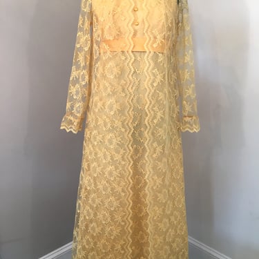 1970s Yellow Lace Dress with Sheer Lace Overcoat 