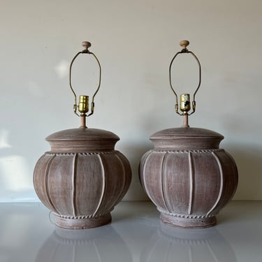 Vintage Organic Matte Glazed Ceramic Table Lamps - a Pair 