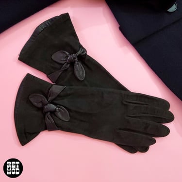 Gorgeous Vintage 50s 60s Black Suede & Leather Fancy Gloves with Bows From Bloomingdales 