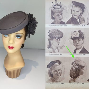 Gone Over In Her Head - Vintage 1940s Gray Wool Felt Shallow Pill Box Hat O Ring Floral Hat 