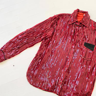 1970s Trompe l’oeil Red + Black Sequin Dress Shirt 