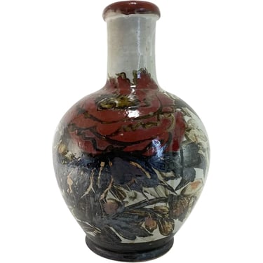 Antique Large Japanese Meiji Stoneware Pottery Floral Bottle Vase 