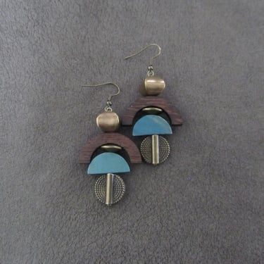 Carved wooden earrings, steel blue bronze 