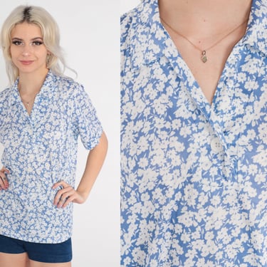 Blue Floral Blouse 70s Polo Shirt White Button Up Shirt Collar Hippie Boho 1970s Bohemian Vintage Top Flower Pattern Medium Large 