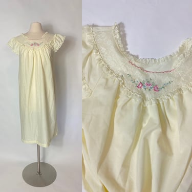 Vintage Sears Yellow Lace Floral Nightgown / Housedress 1970s 