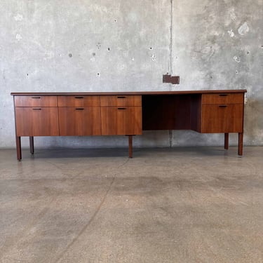 Mid Century Modern Eight Foot Walnut Desk With Eight Drawers